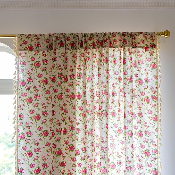 ENJOYBRIDAL Floral 63 Inch Curtains for Living Room Bedroom Drapes Farmhouse Vintage Semi Sheer Short Window Curtains 2 Panel Sets Boho Cute Rustic Dining Room Rod Pocket Window Treatments