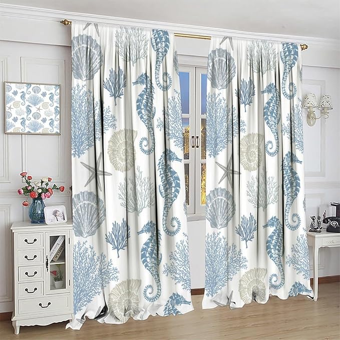 Seahorse Coral Curtains,Starfish Seashell Beach Sea Starfish Seashell Theme Pattern Blackout Print Home Bedroom Living Room Window Treatmen 2 Panel Set 42x54 Inch