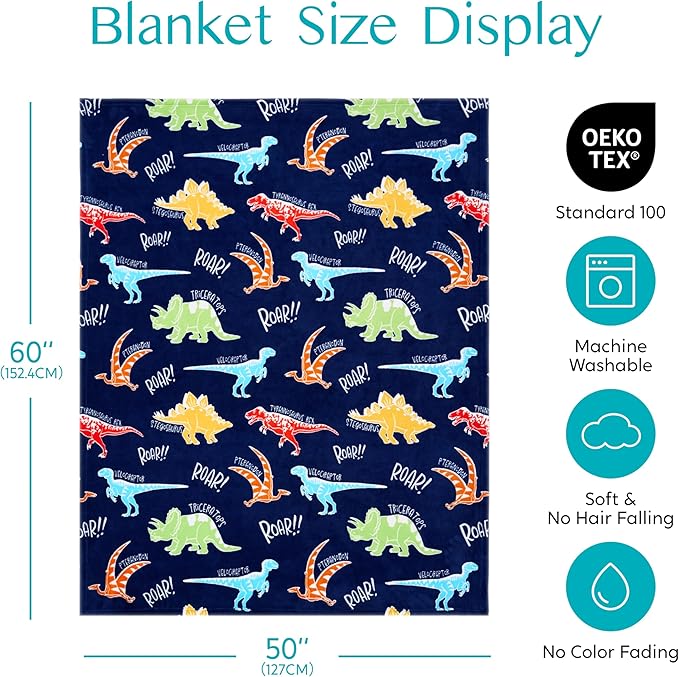 Joiedomi Glow in The Dark Blanket Dinosaur Toys for Kids 3-5 Dinosaur Gifts Toys for Age 2 3 4 5 6 7 8 9 10 11 12 Year Old, Soft Cozy Flannel Kids Throw Blanket, Birthday 50"×60"