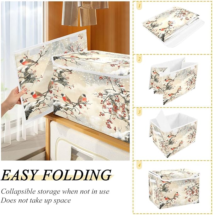 Large Storage Bins with Linen Collapsible Foldable Storage Cubes Fabric Closet Organizer Containers box with Flip-Top Lid for Home Bedroom Office 16.7 x 12.6 x 11.8in (Pattern Color Bird Tree Fruit)