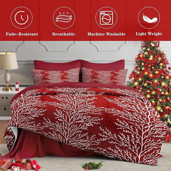 7 Pcs Queen Size Christmas Comforter Set with 2 Pillowcases & 2 Shams, Red Botanical Bedding for Kids and Adults, Winter Tree Branch Bed in a Bag with Flat Fitted Sheet