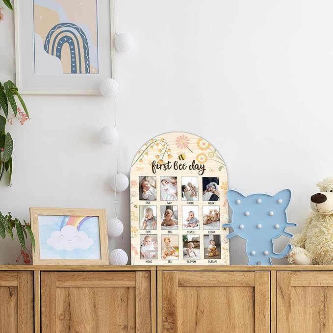 One Year of Wood Photo Board, My First Year Milestone Photo Board, 12 Monthly Baby Picture Frame, First Bee Day Nursery Decor, Girl Boy 1st Birthday Decorations, Baby Keepsake Gift-A18