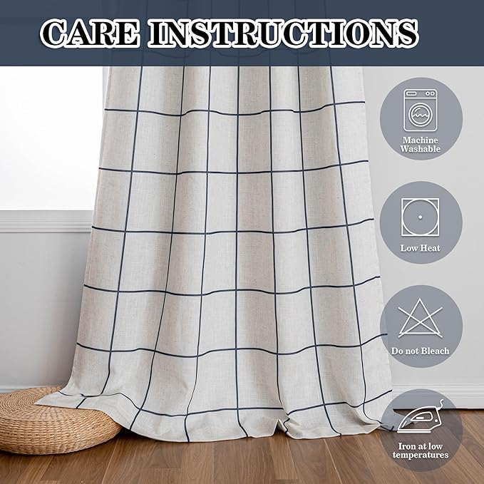 MYSKY HOME 100% Blackout Navy Blue Plaid Linen Curtains 63 Inches Long Windowpane Pattern Double Layer Farmhouse Thermal Insulated Drapes with Rod Pocket Back Tab for Bedroom, 2 Pcs, 52" Wide