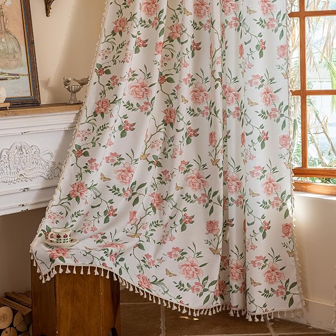 ENJOYBRIDAL Pink Floral 96 Inch Curtains for Bedroom Living Room Drapes Semi Sheer Boho Rod Pocket Long Window Curtains 2 Panel Sets Farmhouse Light Filtering Vintage Cute Window Treatments