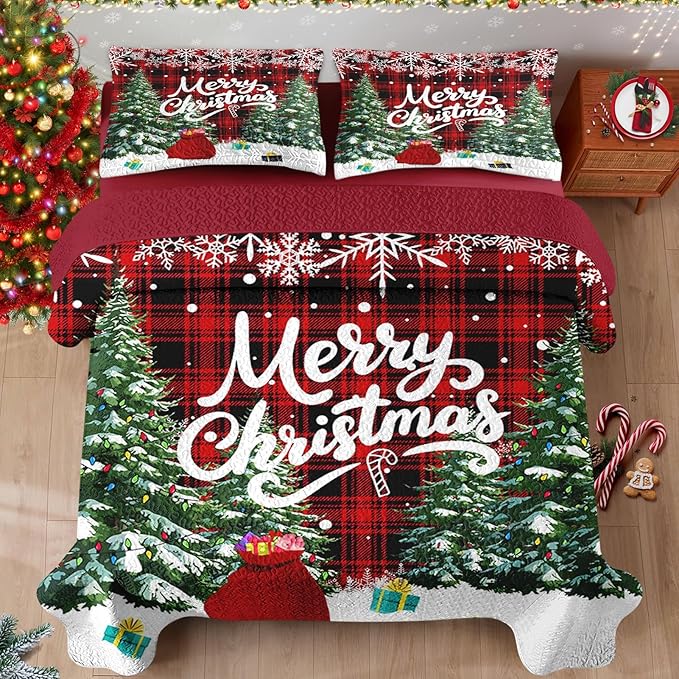 Christmas King Size Quilt Set, Green Cartoon Trees Lightweight Bedspread Coverlet with Pillow Shams for Kids and Adults, Black Red Plaid 3 Pcs Bedding Bed Cover