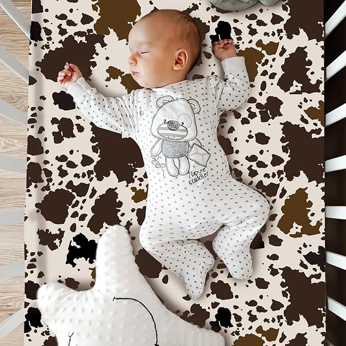 3 Piece Patchwork Western Crib Bedding Set, Neutral Cow Cactus Print Baby Bedding, Barnyard Western Nursery Decor, Standard Size Soft Baby Bed Set Includes Quilt, Fitted Crib Sheet, Bed Skirt