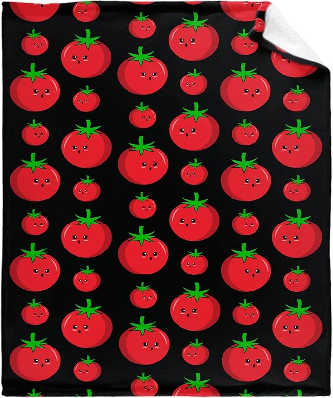 Thuswarm Cute Tomato Kawaii Black Flannel Throw Blanket Warm Cozy Soft Funny Print Blankets for Bed Couch Sofa Room Decoration Gifts 80”×60” Large for Adult
