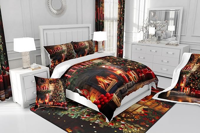 Merry Christmas Comforter Set King Size,3D Christmas Fireplace Christmas Tree Duvet Insert for Kids Boys Girls Room Decor,Xmas Theme Bedding Set 3Pcs,Retro Wooden Stripes Quilt Set,2 Pillowcases