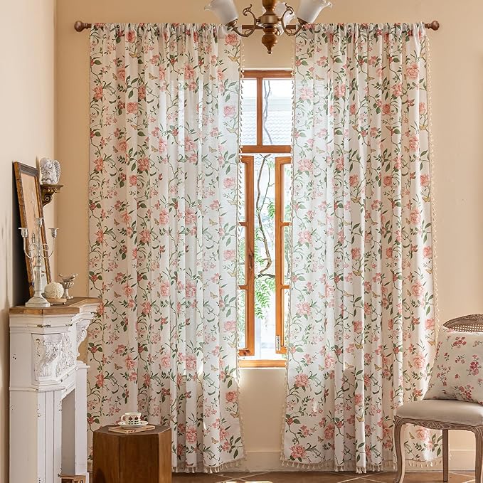 ENJOYBRIDAL Pink Floral 63 Inch Curtains for Bedroom Living Room Drapes Semi Sheer Boho Rod Pocket Short Window Curtains 2 Panel Sets Farmhouse Light Filtering Vintage Cute Window Treatments