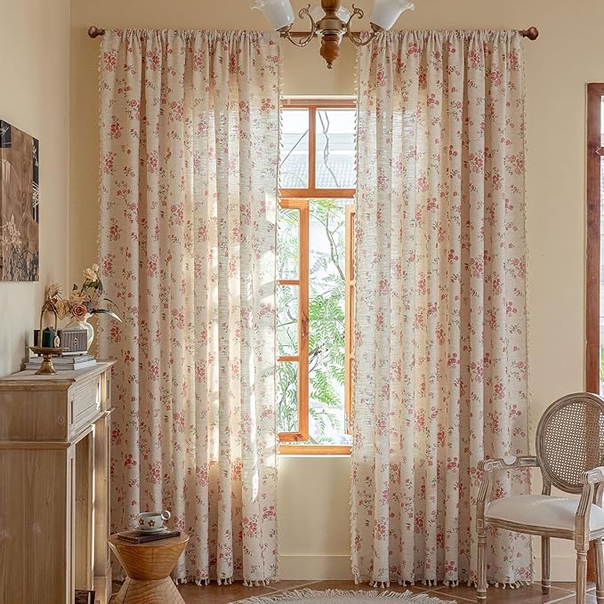 ENJOYBRIDAL Pink Floral 63 Inch Curtains 2 Panel Set Boho Tassel Drapes Short Farmhouse Rod Pocket Semi Sheer Window Curtains Bedroom Living Room Rustic Dining Room Aesthetic Decor Window Treatments