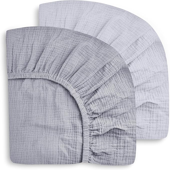 SWEET DOLPHIN 2-Pack Muslin Crib Sheets for Boys & Girls, Ultra Soft Breathable 40S Long-Staple Cotton Fitted Baby Sheets for Standard Crib Mattress 52"x28", Slate and Grey- Nursery Essentials
