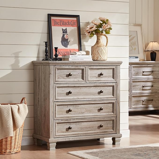 Farmhouse Bedroom Dresser and Nightstand Set of 4, 6 Drawer Low & 5 Drawers Dresser & 3 Drawer Nightstand Set with Wooden Legs, Rustic Wood Furniture for Bedroom, Hallway, Grey