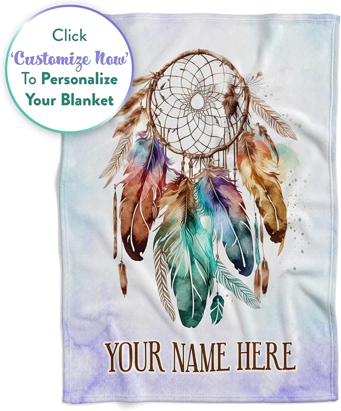 Personalized Dream Catcher Blanket with Colorful Boho Feather Graphic, Cute Custom Name Throw for Kids or Adults, Soft and Plush, Birthday Gift for Women or Men, Big Colorful (Fleece 60x80)