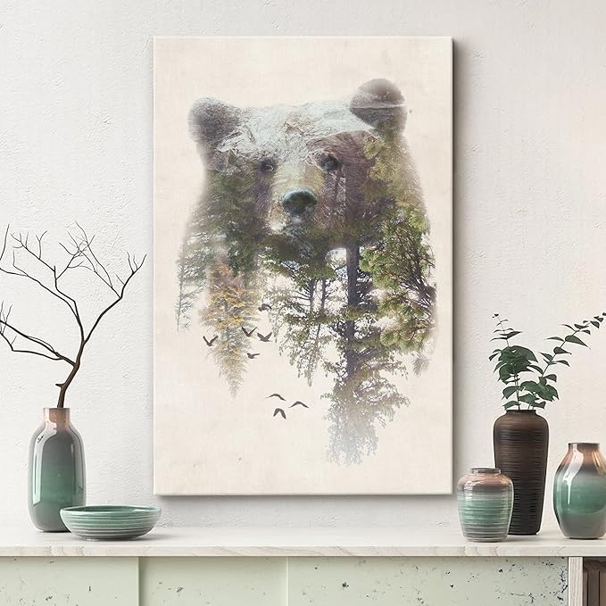 SIGNWIN Canvas Wall Art Bear and Spring Forest Double Exposure Photography Animals Wildlife Digital Art Modern Art Rustic Portrait Edgy for Living Room, Bedroom, Office - 24x36 inches