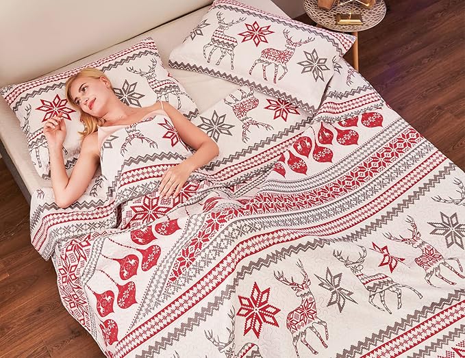 Christmas Quilt Set Twin Size Christmas Bedding Xmas Quilt Bedspread Coverlet Holiday Christmas Bed Set Deer Snowflake Christmas Decor Quilt Soft Lightweight Christmas Quilt Bedding,Red White