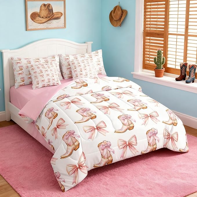 7 Pieces Western Cowgirl Comforter Set King,Pink Bowknot Cowgirl Boots Rustic Farmhouse Bedding Set,Bow Tie Geometric Patchwork Golden（Comforter+Fitted+Flat Sheet+2 Pillowcases+2 Throw Pillow Covers）