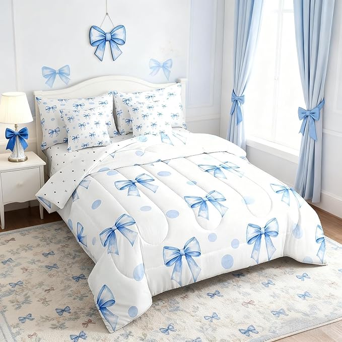 7 Pieces Blue Bowknot Kids Comforter King Size,Geometric Dots Bow Tie Patchwork Romantic Bedding Set,Bow Knot Princess Cute White Chic（Comforter+Fitted+Flat+2 Pillowcases+2 Throw Pillow Covers）