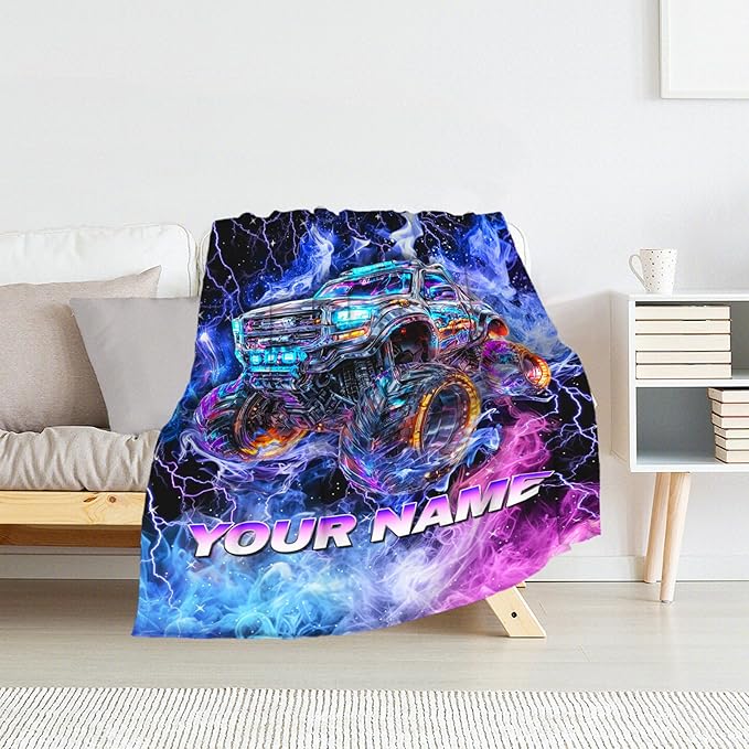 Kids Blanket Gifts Personalized Truck Blankets for Toddler, Boys - Custom Cozy Fuzzy Car Flannel Throws Stuff for Couch, Sofa & Bed