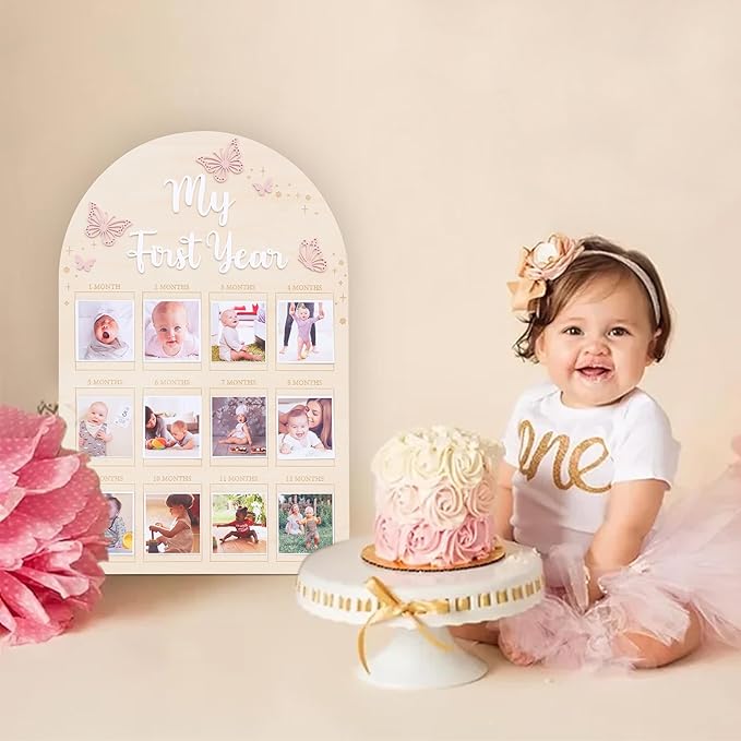YOUAME My First Year Birthday Wooden Photo Board - Butterfly Themed First Year Milestone Photo Board, 12 Months Baby Girl Birthday Picture Wood Frame, Girls Pink Birthday Party Decorations