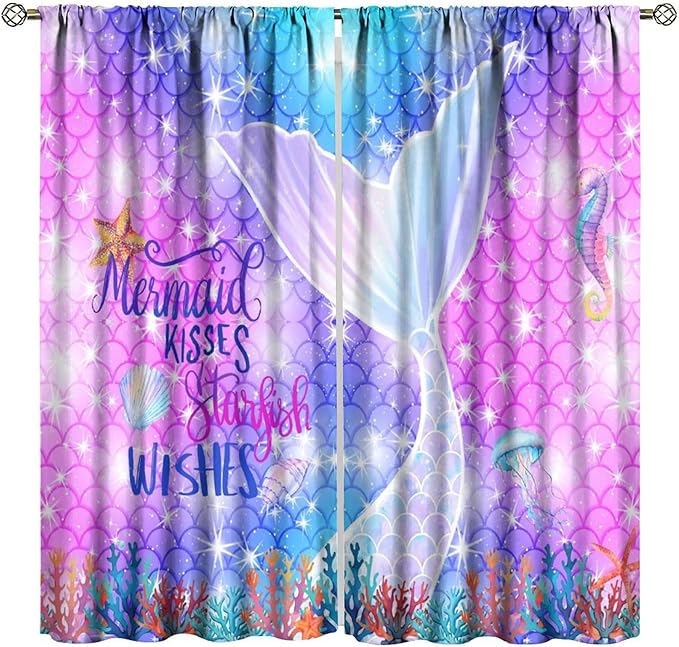 Kids Fantasy Mermaid Curtains Dream Colorful Mermaid Fish Tail Scale Fantasy Ocean Theme Window Treatment for Girls Bedroom Nursery Room Decor Window Drapes 84" W X 84" L