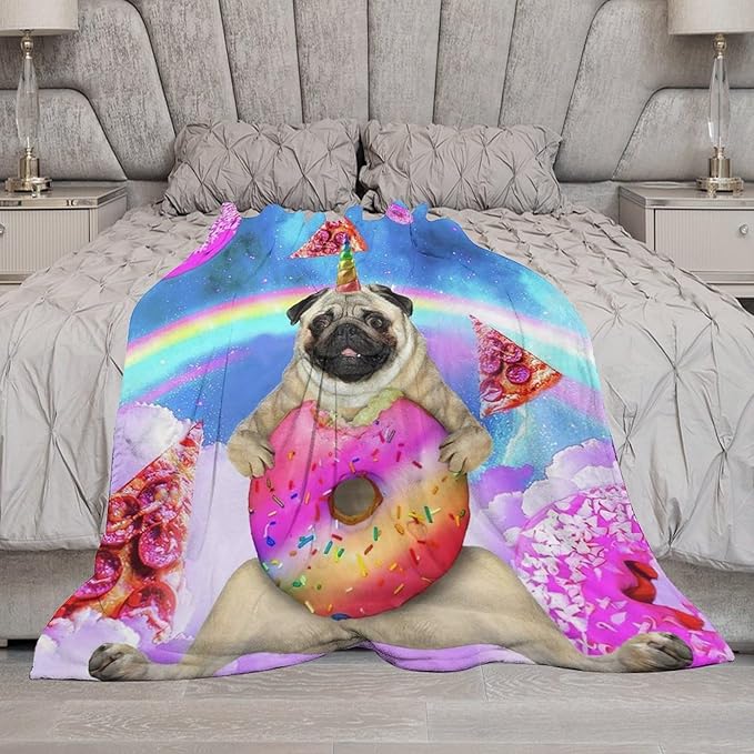Pug Blanket Funny Pug Gifts for Girls Boys Woman Kids Doughnut Pizza Lover Dog Throw Blankets Soft Blanket Warm Fleece Flannel Plush Blankets for Bed Sofa Couch 50"x60"