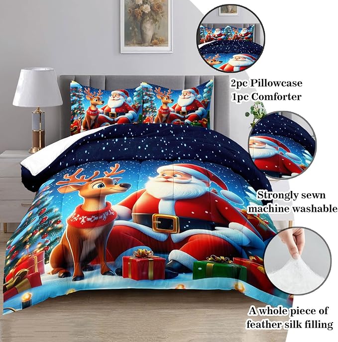 Raphus cucullatus Christmas Bedding Full,Christmas Comforter Set,Santa Claus Decor Holiday Bedding Winter Quilt,Santa Claus Comforter Set,Snowflake Navidad Quilt Set,Cute Reindeer Quilt