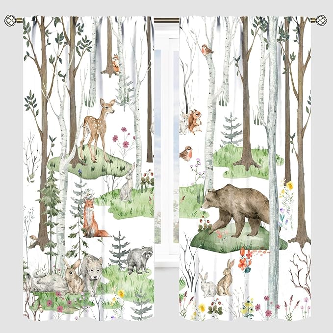YCness Woodland Animals Curtains, Wild Animals Watercolor Forest Bear Deer Fox Rabbit Floral Nature Window Treatments for Bedroom Kitchen Nursery Living Room Drapes, 42x45 Inch