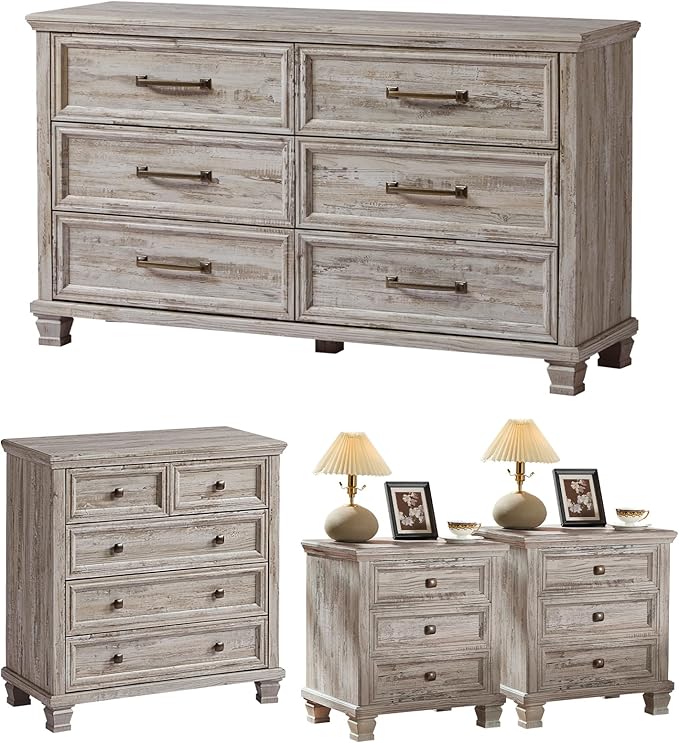 Farmhouse Bedroom Dresser and Nightstand Set of 4, 6 Drawer Low & 5 Drawers Dresser & 3 Drawer Nightstand Set with Wooden Legs, Rustic Wood Furniture for Bedroom, Hallway, Grey