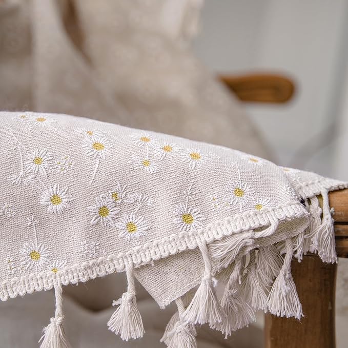 ENJOYBRIDAL Floral Curtains 84 Inch Length 2 Panels Tassel Drapes Rod Pocket Semi-Sheer Boho Daisy Bedroom Living Room Farmhouse Rustic Bohemian Window Curtain Panels