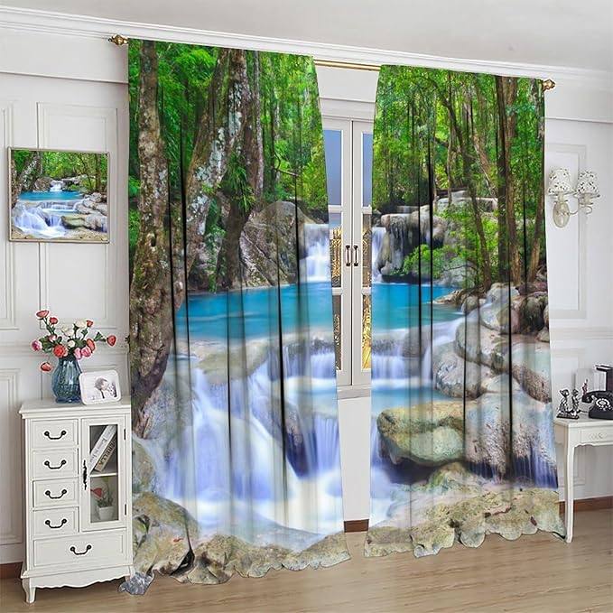 Forest Waterfall Blackout Curtains, Spring Nature Theme Natural Scenery Mountain Scenery Rod Pocket Window Drapes, for Bedroom Living Room 63" W X 72" L