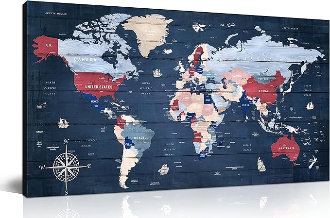 ZHAOSHOP World Map Wall-Art for Living Room - Blue Wall Decor for Teen Bedroom - Large Canvas Wall Art Stretched and Framed Ready to Hang Size 47" x 23"