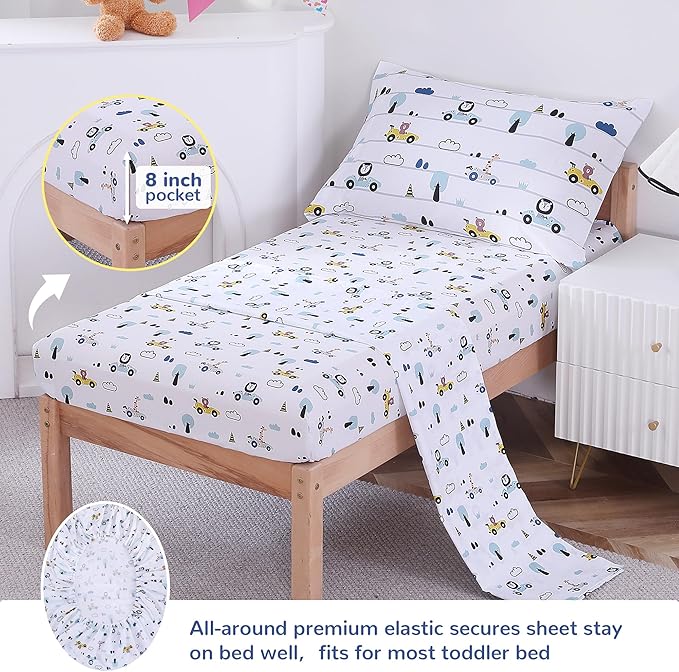 Viviland Animal Car Toddler Comforter Sets, Cute Boys Girls Toddler Bedding Set, Soft Microfiber White Toddler Bed Set