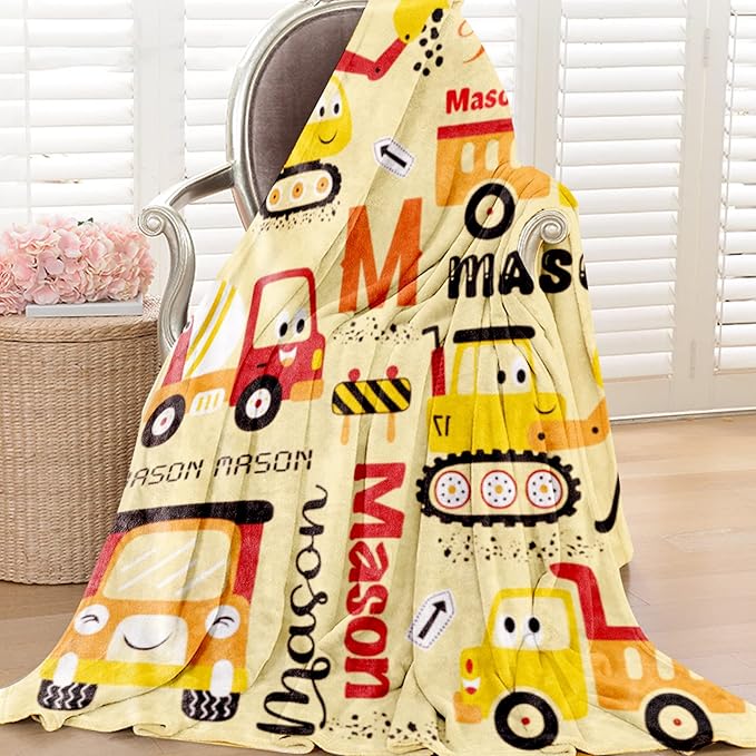 Personalized Construction Blanket with Name for Baby Boys Girls, Custom Truck Blanket Construction Vehicles, Soft Flannel Toddler Blankets Customized Gift for Newborn Baby Shower Birthday-30x40inch