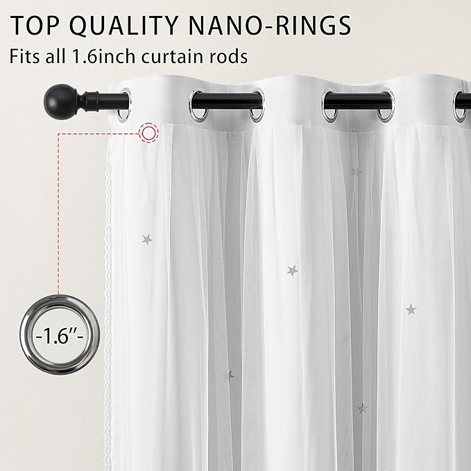 XiDi White Curtains with Sheer Overlay for Girls Bedroom 80% Blackout Double Layer Curtains for Nursery Kids Room Star Drapes with Tiebacks Room Darkening Grommet Window Treatment 2 Panels W34 X L63