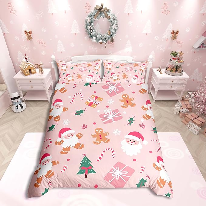 Feelyou Merry Christmas Bedding Set Cookies Candy Duvet Cover Set for Kids Boys Girls Gingerbread Man Comforter Cover Quilt Cover Bedroom Collection 2Pcs Toddler Size,No Comforter