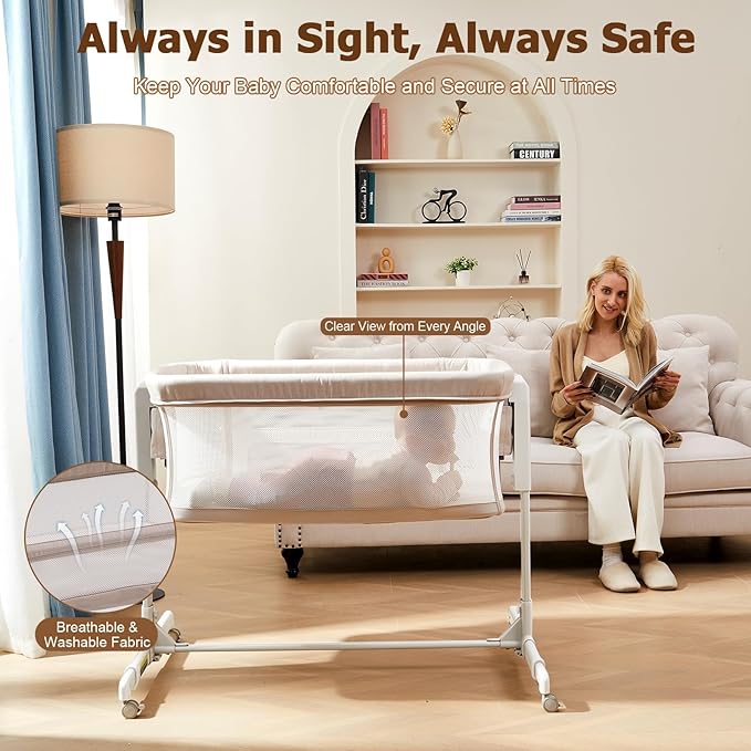 Baby Bassinet Bedside Sleeper 3-in-1, Easy Night Feeding with One-Side Fold & Rolling Wheels, Breathable Mesh, 6-Height Adjustable, Soft Mattress for Newborns