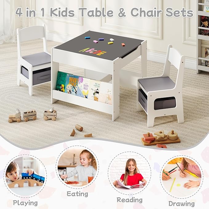 Kids Table and Chair Set, 4 in 1 Wooden Activity Table with Detachable Tabletop, Toddler Table and Chair Set with Storage Drawer/Bookshelves, Kids Play Table for Art, Drawing, Eating, Reading