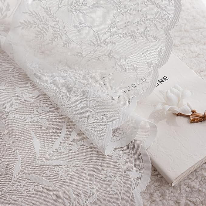 Anmao Vintage Lace Curtains 45 Inches Long 2 Panels Set, Romantic Elegant Light Filtering Semi Sheer Floral Thick Lacy Curtain Drapes for Living Room and Bedroom, Each Panel 55W x 45L, White Leaves