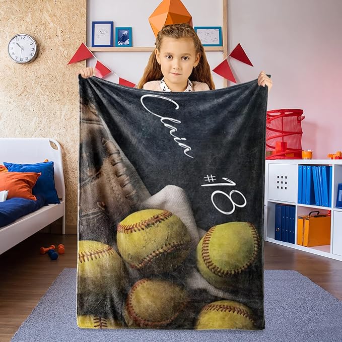 Personalized Baby Softball Bed Blanket: Custom Name and Number Sport Blankets for Toddler Boys Girls Adults Birthday Mothers Fathers Easter (40x50inch)
