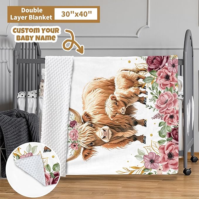 Custom Baby Crib Bedding Set, 3 Pcs Personalized Nursery Bedding Set with Name, Soft Baby Bedding Crib Sets with Blanket - Toddler Crib Sets for Girl Boy, Infant Newborn Gifts, Red Highland Cow