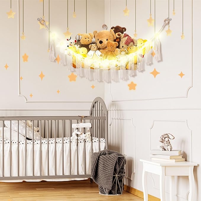 Stuffed Animal Hammock with LED Light, Large Stuffed Animals Storage Corner Plushie Net for Kids Room Decor, White