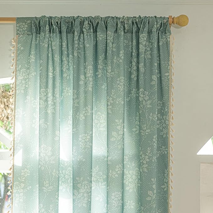 ENJOYBRIDAL Floral Curtains 84 Inches Long Sage Green Farmhouse Drapes Living Room Bedroom Semi Sheer Rod Pocket Window Curtain Panels Floor Length Rustic Boho Retro 2 Panel Sets Window Treatments