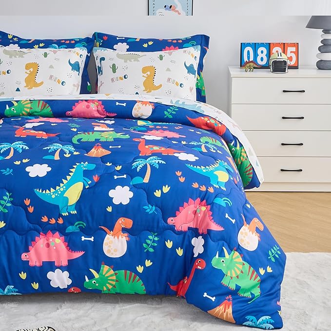 Wajade 7 Piece Kid Boys Dinosaur Comforter Set Twin Size 3D Blue Dinosaur Wild Park Jungle Print Bedding Set with Comforter, Sheet Set, Pillowcase and Sham