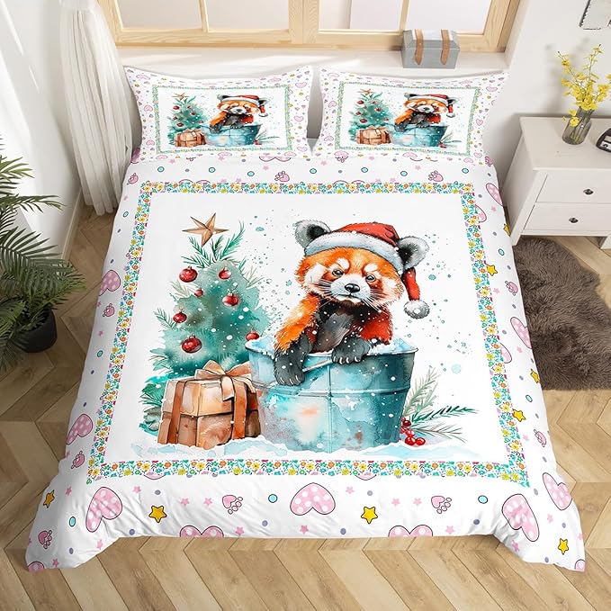 Feelyou Christmas Duvet Cover Set Xmas Tree Bedding Set for Kids Boys Girls Red Panda Love Print Comforter Cover Cute Animal Quilt Cover Room 3Pcs King Size,Zipper,No Comforter