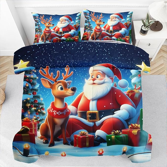 Raphus cucullatus Christmas Bedding King,Christmas Comforter Set,Santa Claus Decor Holiday Bedding Winter Quilt,Santa Claus Comforter Set,Snowflake Navidad Quilt Set,Cute Reindeer Quilt
