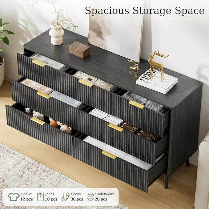 LYNSOM Fluted Dresser and Nightstand Sets 2 Piece, 2-Drawer Nightstands and 7-Drawers Dresser, Wood Bedroom Furniture Set for Home, Bedroom, Hallway, Black