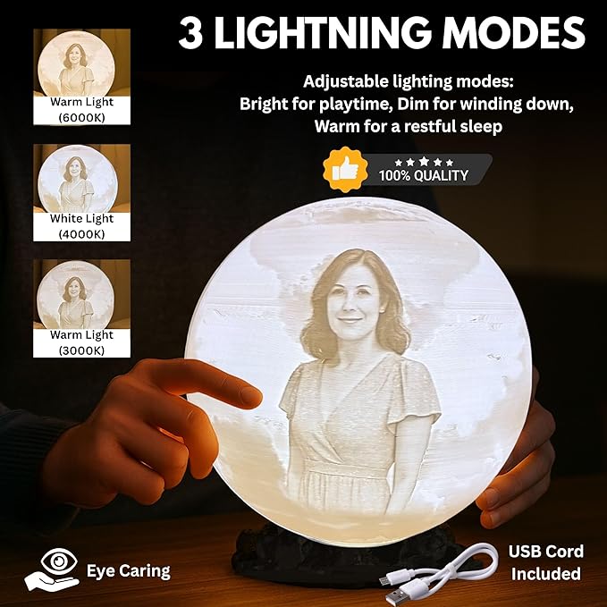 Angel Wings Memorial Moon Lamp with Custom Text or Photo – Personalized Remembrance Light for Loved Ones | Sympathy Gift, Bereavement Gift, Tribute Lamp with 3D Printed Moon Light