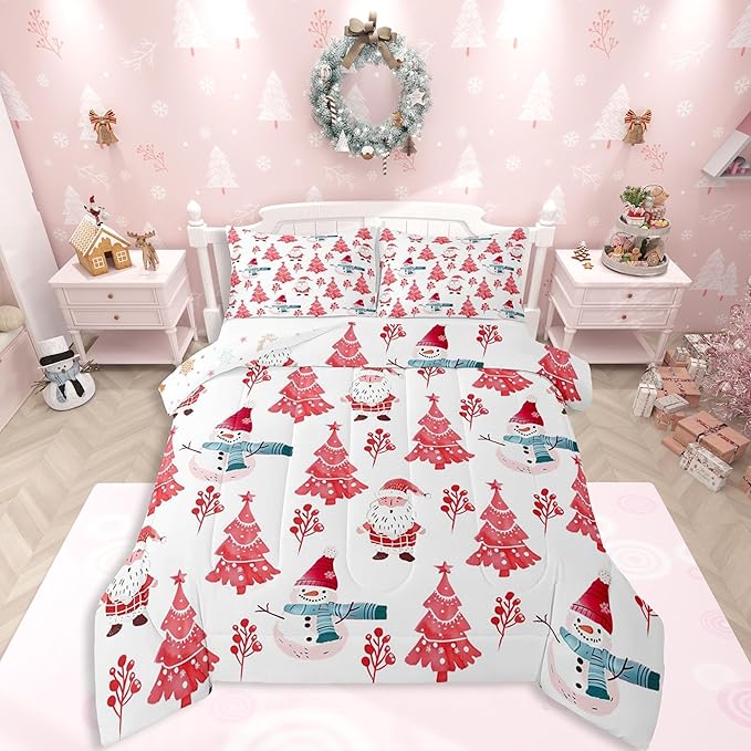 Feelyou Merry Christmas Comforter Set All Season Xmas Tree Snowman Bedding Set with 1 Pillow Cases Santa Claus Microfiber Kids Toddler Bedclothes Bedroom Decor Duvet Quilt Breathable Soft