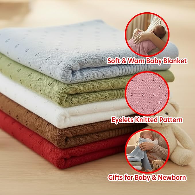 Baby Knit Blanket, 100% Cotton Eyelet Patterns, Soft, Cozy, Lightweight Swaddle for Newborn & Infant Swaddling Beige Neutral, Perfect Baby Shower Ideas Pink 30x30