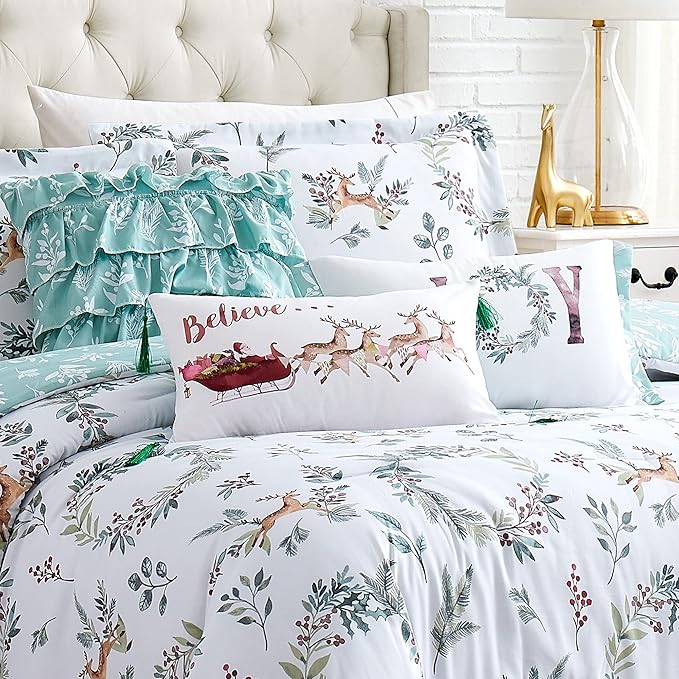 Southshore Fine Living, Inc. 5-Piece Oversized Christmas Comforter Set Twin XL, Reversible Twin Christmas Bedding, Holiday Bedding, Winter Comforter, 2 Shams, 2 Throw Pillows - Happy Holidays